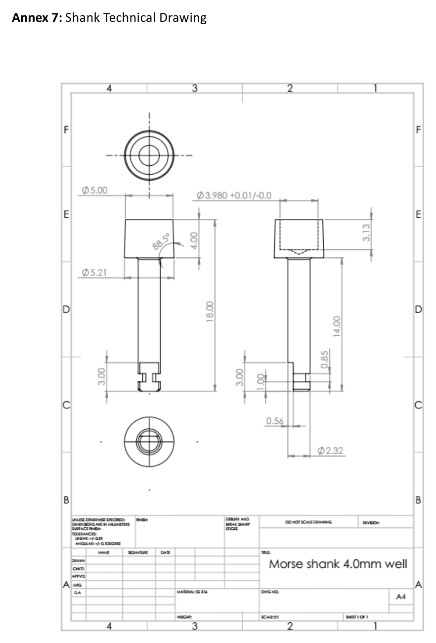 Crown Down drill shank technical drawing with Morse 4 mm well, 5.21 mm and 5.00 mm shoulder diameters, 18.00 mm shank length, and 88-degree taper.
