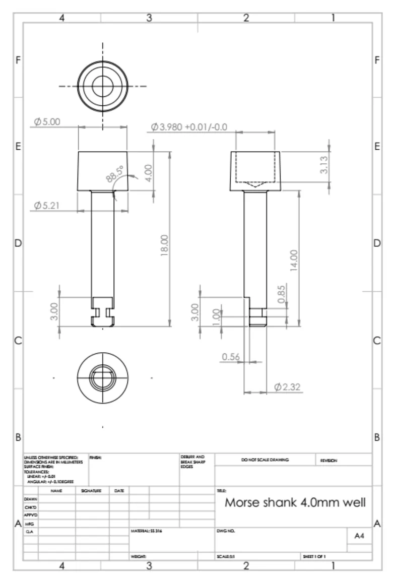 Crown Down drill shank technical drawing showing the Morse 4 mm well, 5.21 mm and 5.00 mm shoulder diameters, 18.00 mm shank length, and 88-degree taper that mates with standard contra-angle handpieces used on Straumann surgical trays.