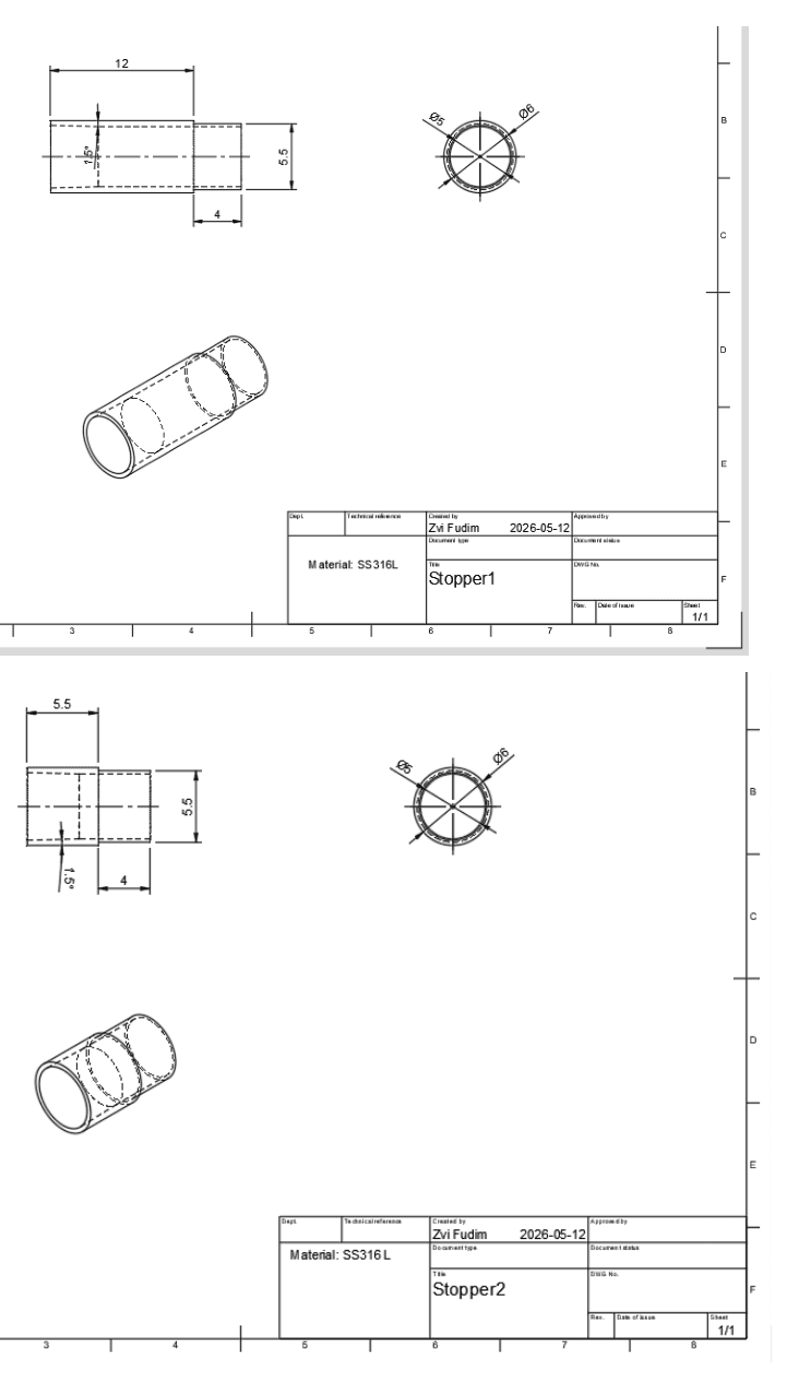 Crown Down 3D drill stopper #1 and #2 technical drawings showing 5.5 mm inner tube diameter, 4 mm tube height, 9 mm offset, and isometric views in surgical-grade SS316L.