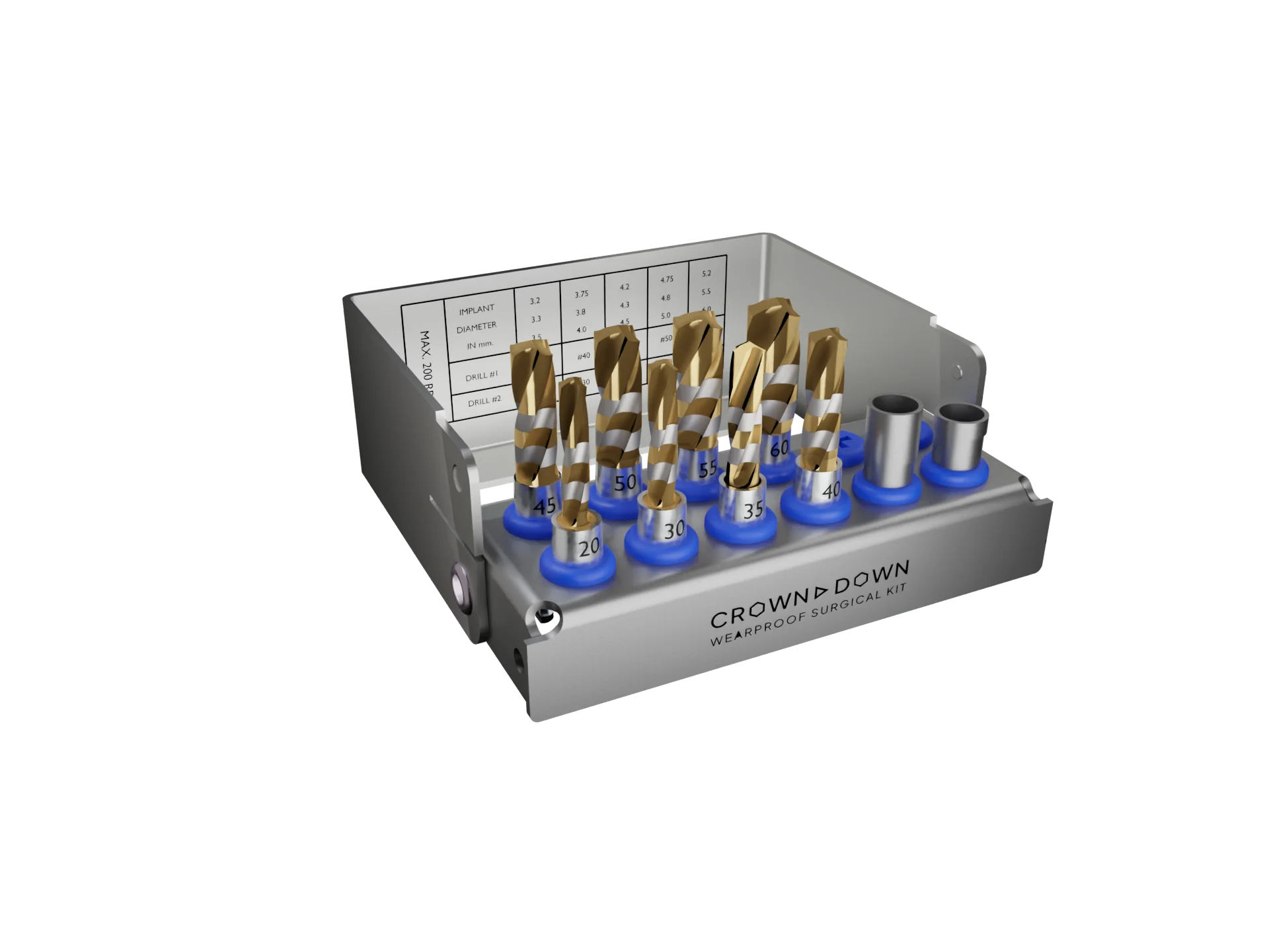 Crown Down Kit: universal implant surgical kit with solid tungsten carbide drills, drill stoppers, and a stainless steel tray, 15 mm drilling depth.