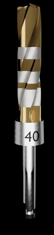 Crown Down #40 cortical dental implant drill in solid tungsten carbide, drill #1 for medium-diameter implants.