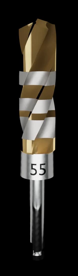 Crown Down #55 cortical dental implant drill in solid tungsten carbide, drill #1 for wide-diameter implants.