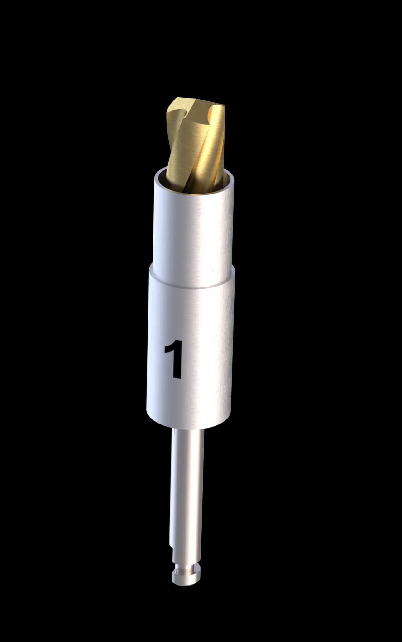 Crown Down cortical drill, tungsten carbide with color-coded depth stopper, used as drill number one in the Crown Down implant osteotomy protocol.
