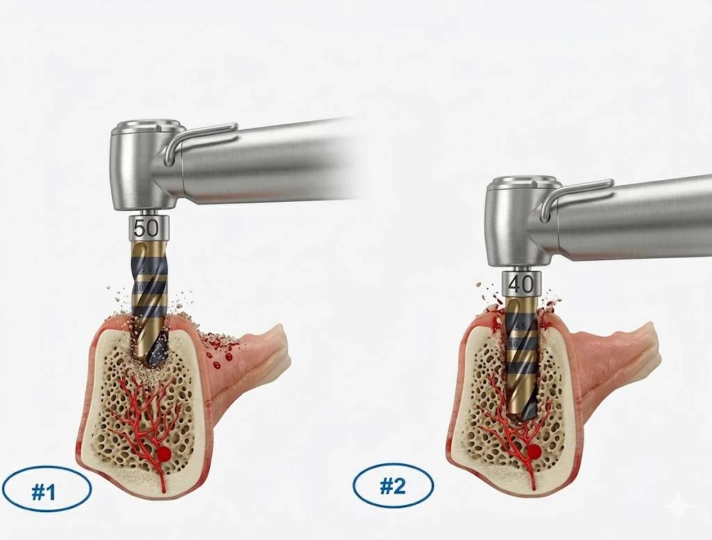 Crown Down 2-drill protocol illustration: drill #1 cortical drill clears the dense crestal layer, drill #2 trabecular drill prepares the underlying cancellous bone with blood supply intact.