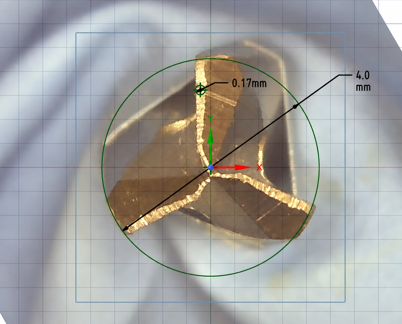 High-resolution microscope view of a Crown Down tungsten carbide drill cutting edge after the 2.7 million-revolution accelerated wear challenge, with an on-image 0.17 mm edge measurement and the 4.0 mm drill diameter reference marked.
