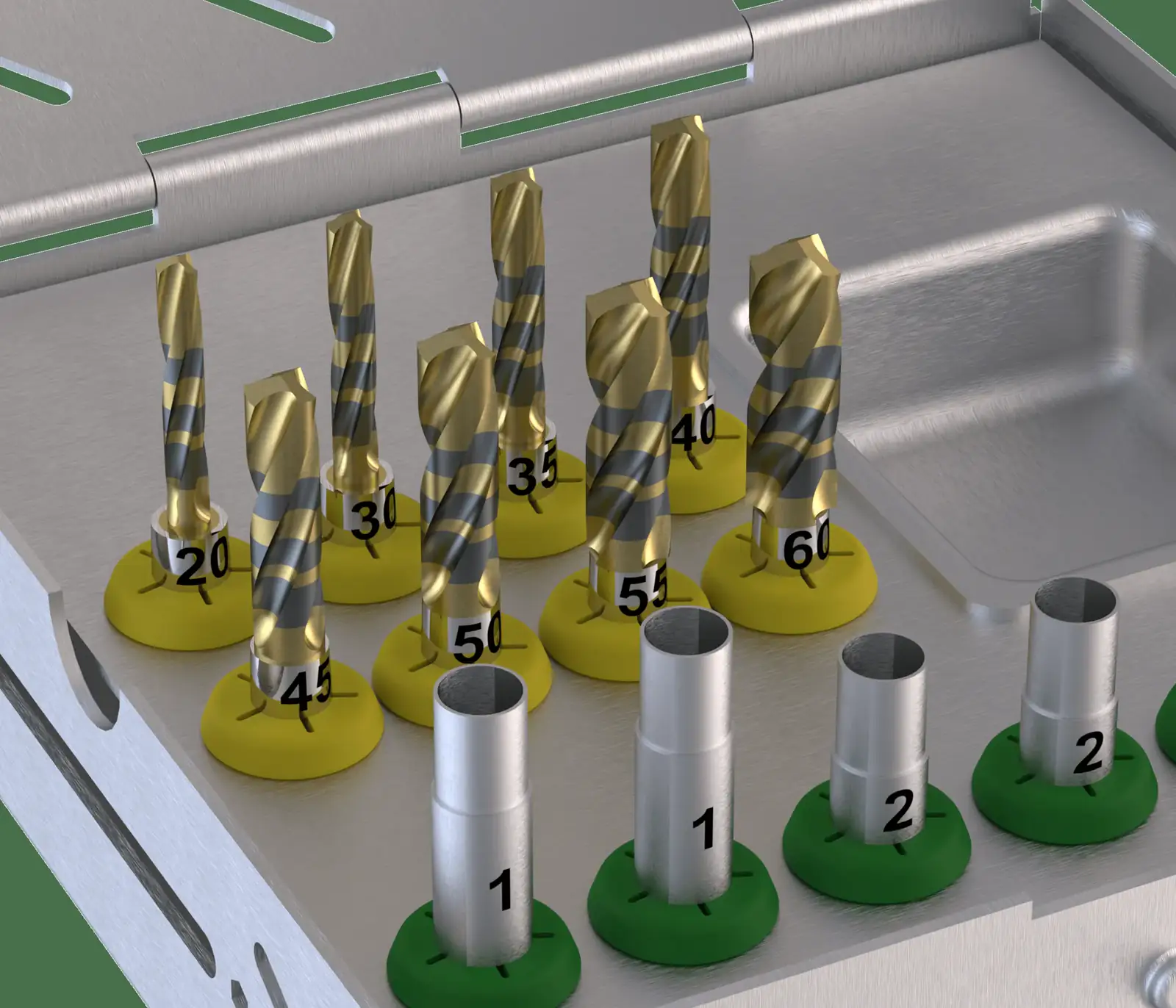 Crown Down dental implant drilling system displayed on a dark studio background