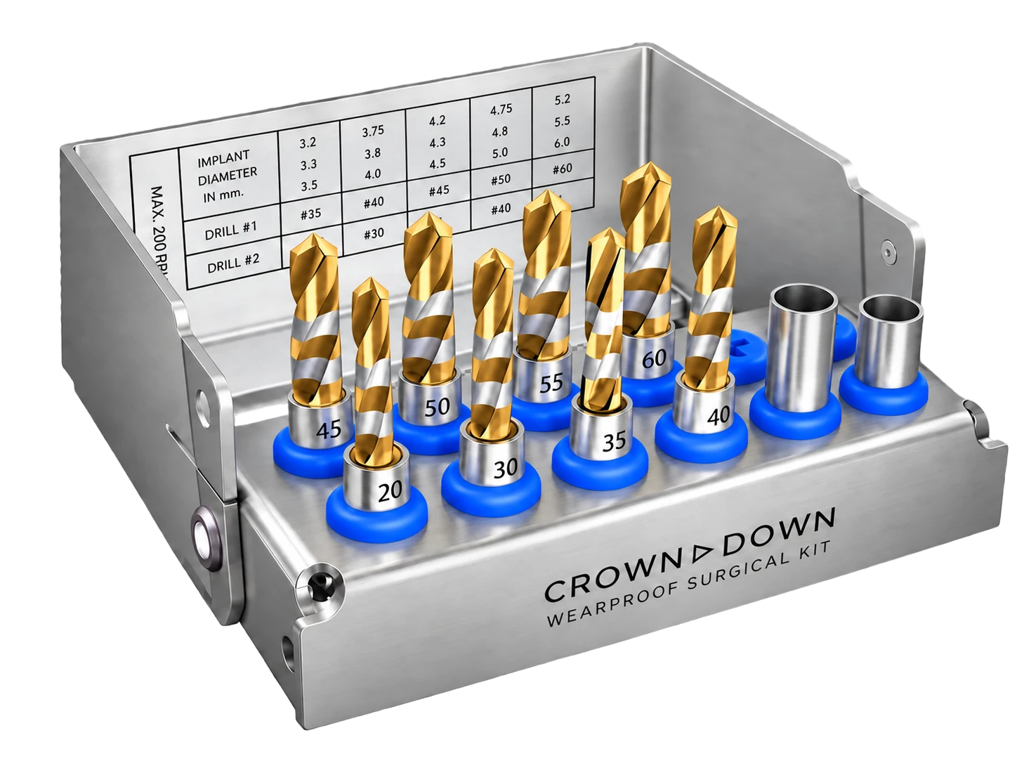 Crown Down surgical kit loaded with gold tungsten carbide implant drills and depth stoppers