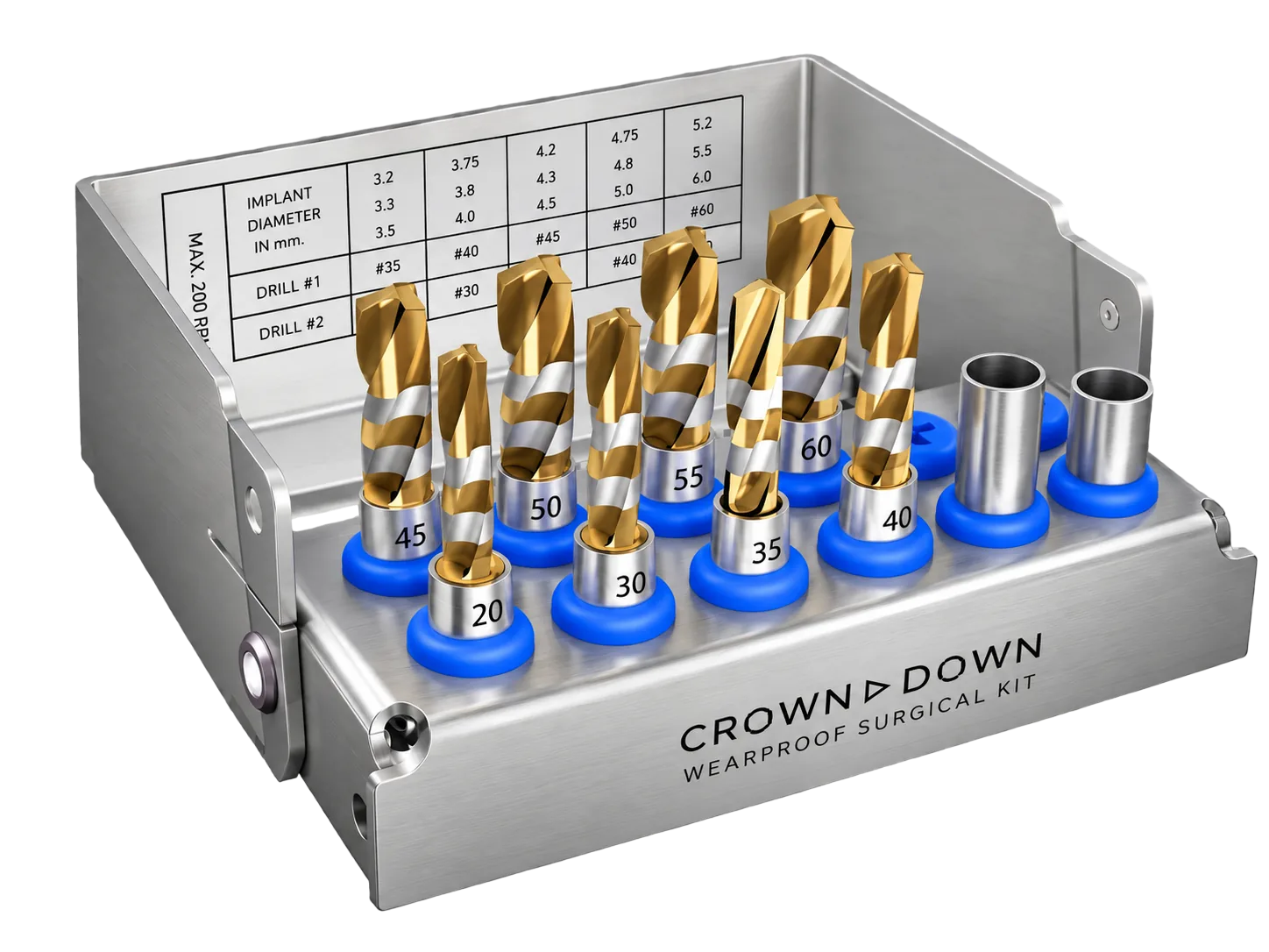 Crown Down surgical cassette loaded with gold tungsten carbide implant drills and depth stoppers