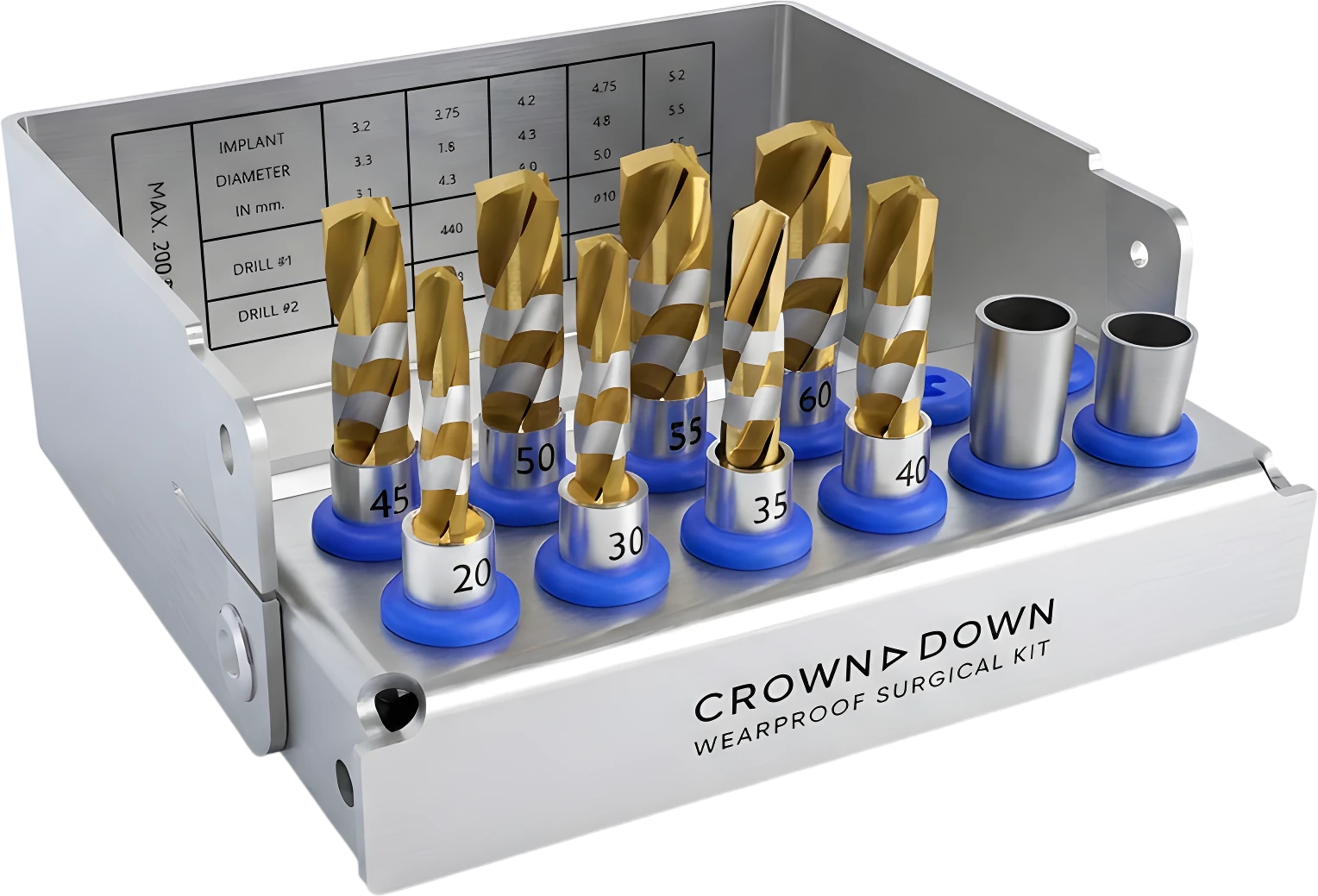 Crown Down surgical cassette loaded with gold tungsten carbide implant drills and depth stoppers