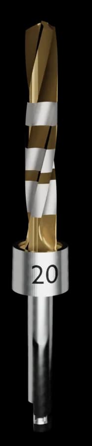 Crown Down #20 trabecular dental implant drill in solid tungsten carbide, drill #2 in the 2-drill protocol.