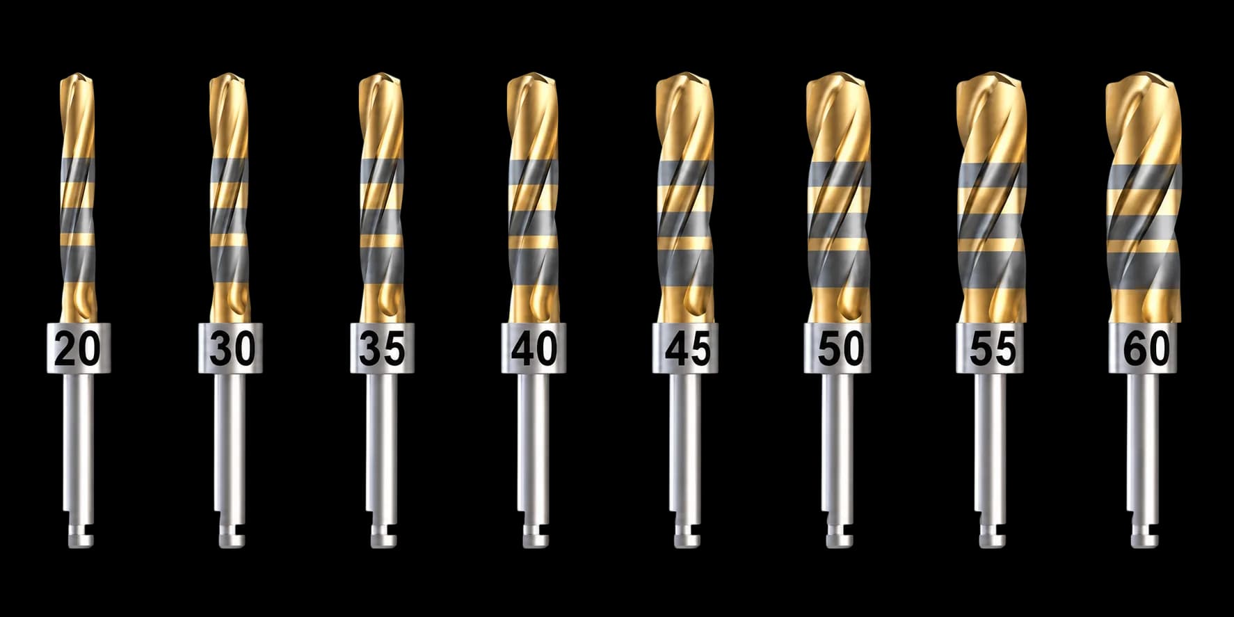 Crown Down solid tungsten carbide dental implant drill set, sizes #20 to #60, diameters 2.75 mm to 6.0 mm