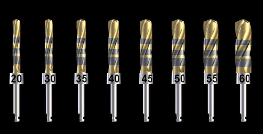Crown Down solid tungsten carbide implant drills, the high-thermal-conductivity material that allows low-speed drilling without external saline irrigation in guided implant surgery.