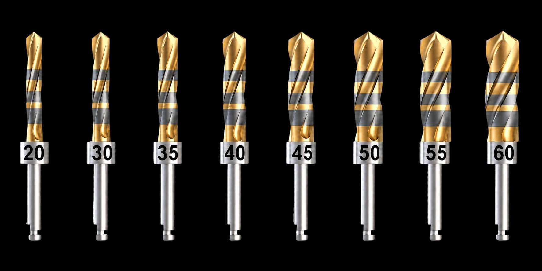 Crown Down solid tungsten carbide implant drills, the high-thermal-conductivity material that allows low-speed drilling without external saline irrigation in guided implant surgery.