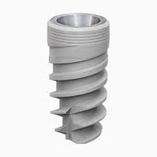 Dental implant with aggressive deep-thread macrogeometry for higher trabecular bone compression and primary stability.