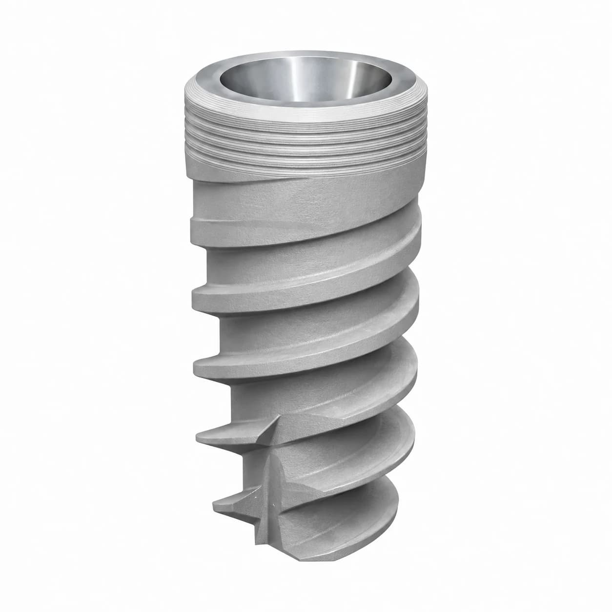 Dental implant with aggressive deep-thread macrogeometry for higher trabecular bone compression and primary stability.