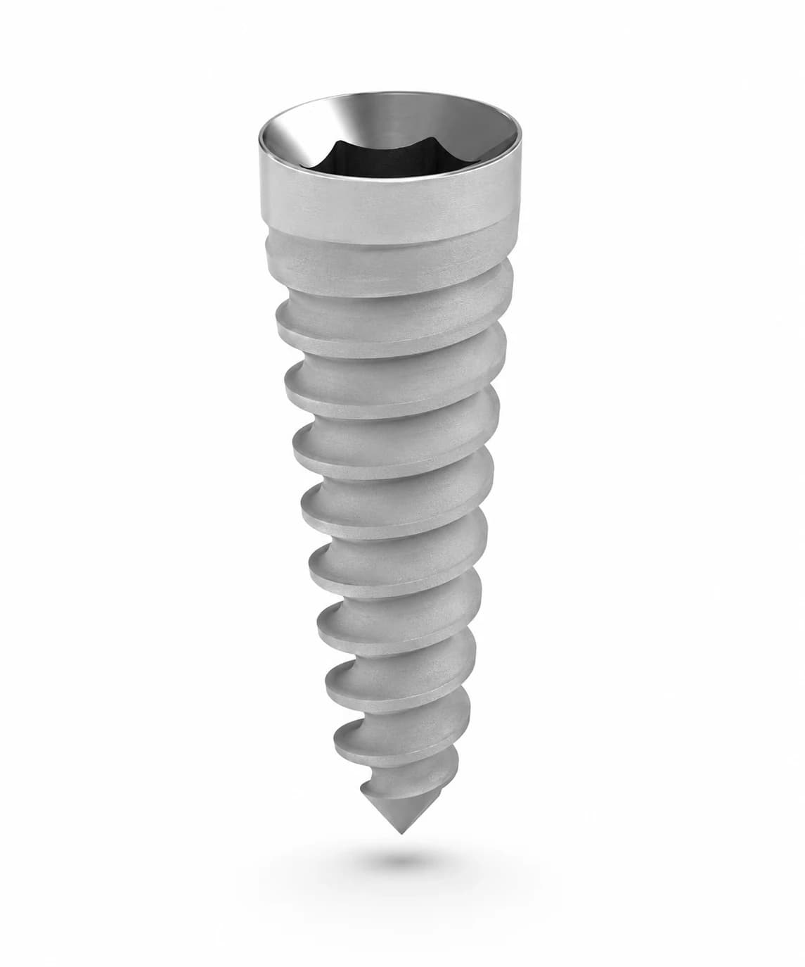 Dental implant with sharp, shallow thread macrogeometry for trabecular bone osseocompression.